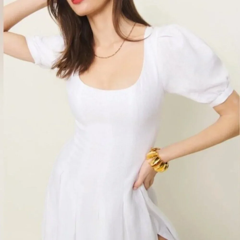 NEW Reformation Coucou Midi Linen Dress Puff Sleeves White | US 4 UK 8 - Picture 3 of 12